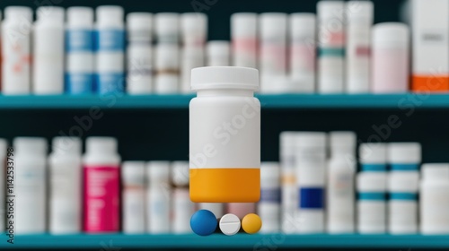 A floating medication bottle in front of a blurred shelf filled with various pharmaceutical containers.