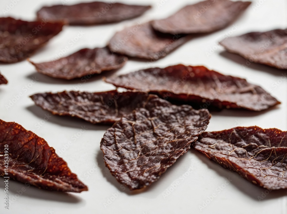 A few strips of rich, dark brown beef jerky on a smooth white surface A few strips of rich, dark brown beef jerky on a smooth white surface