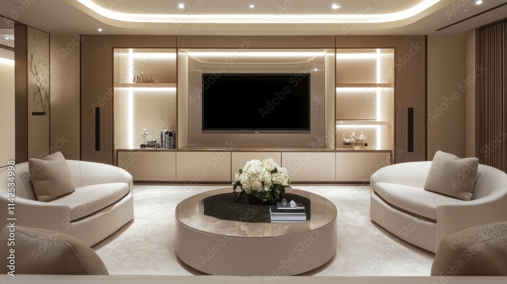 Contemporary living room with built-in TV cabinetry, rounded furniture in a soft palette, and ambient recessed lighting for a cozy feel. Contemporary living room with built-in TV cabinetry, rounded furniture in a soft palette, and ambient recessed lighting for a cozy feel.