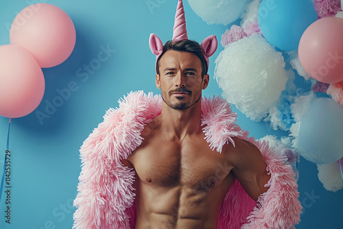 Muscular man wearing a unicorn headband and pink fur shawl poses confidently against a vibrant blue backdrop adorned with balloons and cotton candy clouds