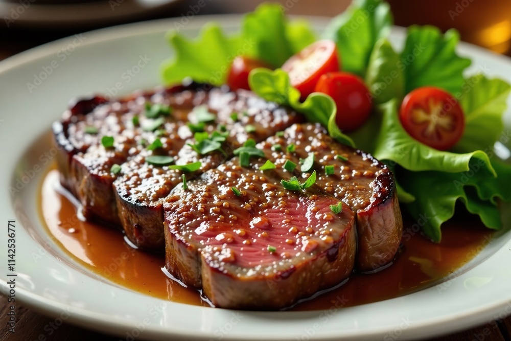 A perfectly cooked strip loin steak served with a side salad, flavorful, balanced, fresh A perfectly cooked strip loin steak served with a side salad, flavorful, balanced, fresh