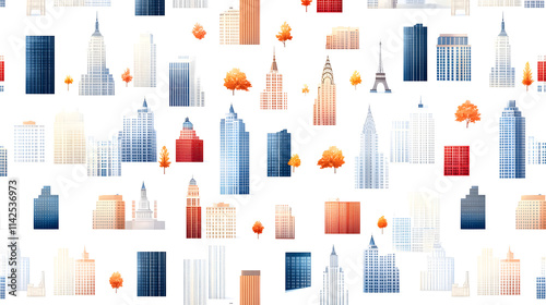 Seamless urban pattern featuring iconic city monuments and colorful trees