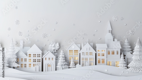 A serene winter scene featuring charming village made of white paper, with snow covered houses, trees, and delicate snowflakes. soft glow from windows adds warm touch to tranquil atmosphere