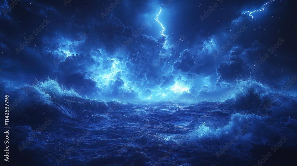 Fototapeta premium Stormy dark ocean with lightning.