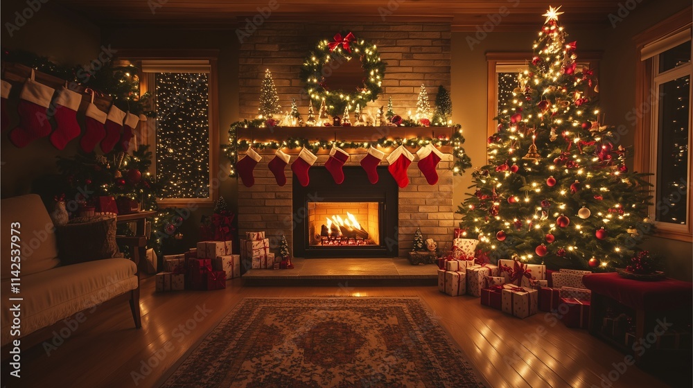 A cozy living room decorated for Christmas, a glowing fireplace surrounded by stockings and garlands, a large Christmas tree with twinkling lights A cozy living room decorated for Christmas, a glowing fireplace surrounded by stockings and garlands, a large Christmas tree with twinkling lights