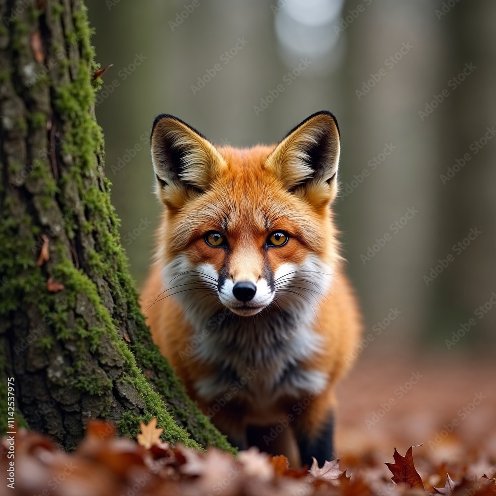Obraz premium Red Fox Peeking from Behind Bush in Autumn Forest