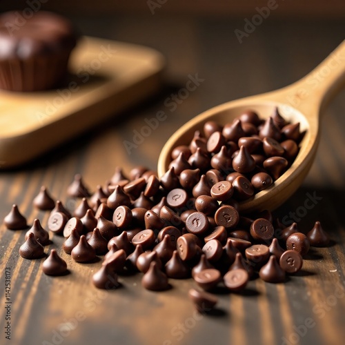 Aromatic chocolate chips scattered on a wooden kitchen counter, food, rustic decor, sweet treats photo