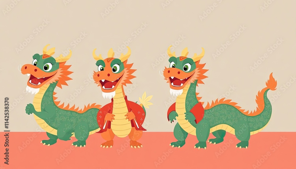 Dragon Celebrates Chinese New Year - New Year Card with Dragon - Chinese Dragon On The Wall - Dragon in Cheongsam Dragon Celebrates Chinese New Year - New Year Card with Dragon - Chinese Dragon On The Wall - Dragon in Cheongsam
