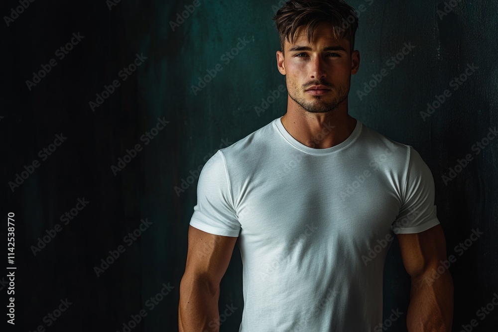 Studio portrait of a handsome muscular man posing in a white t-shirt against a dark background Studio portrait of a handsome muscular man posing in a white t-shirt against a dark background
