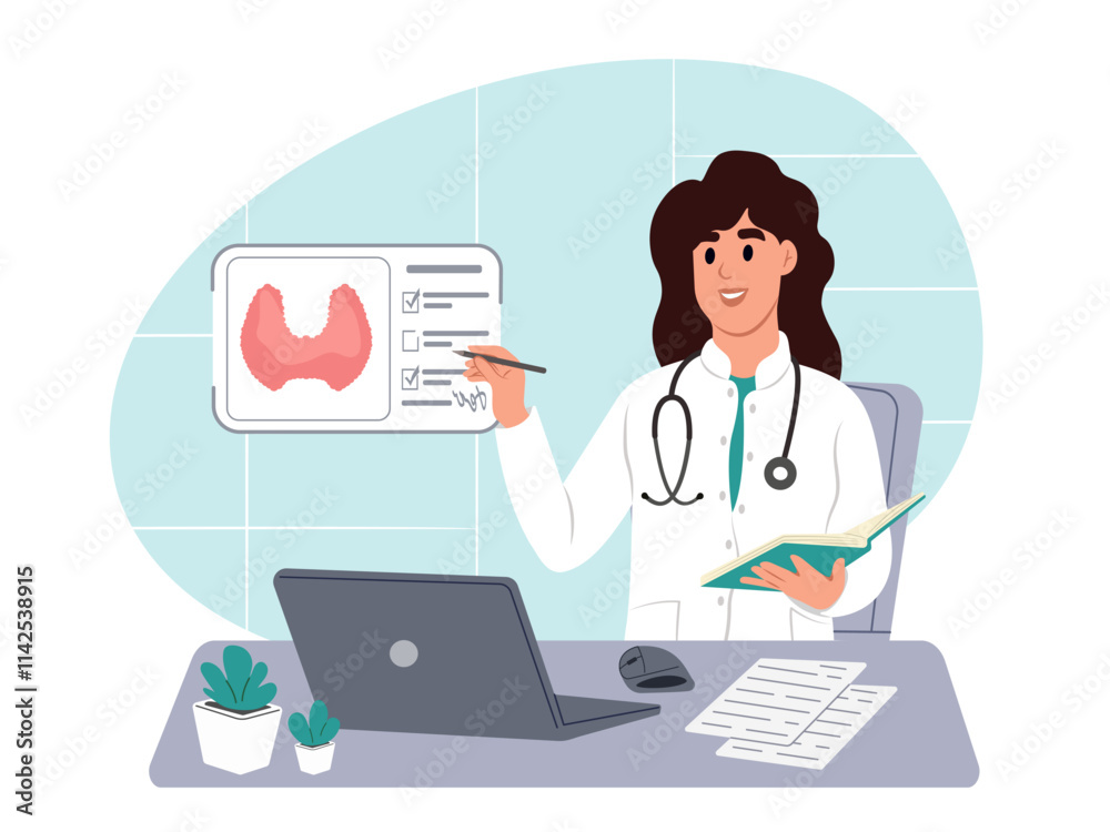 Thyroid awareness month is every year in January. Endocrinologist deal with the diagnosis and treatment of the human thyroid. Vector illustration in flat style Thyroid awareness month is every year in January. Endocrinologist deal with the diagnosis and treatment of the human thyroid. Vector illustration in flat style