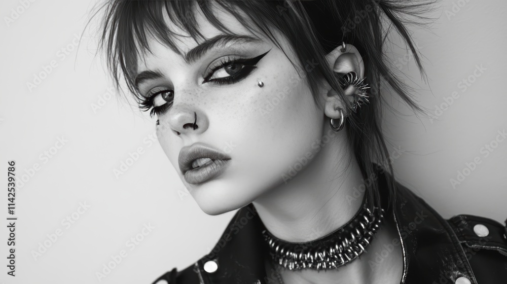 Fototapeta premium a punk girl with tremble art. back and white. white background. copy text space. 2/3 empty space for text