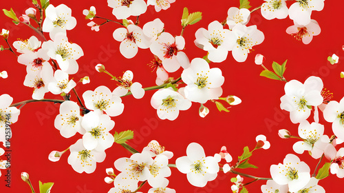 Bright red background with white cherry blossom flowers in full bloom, creating vibrant and cheerful pattern