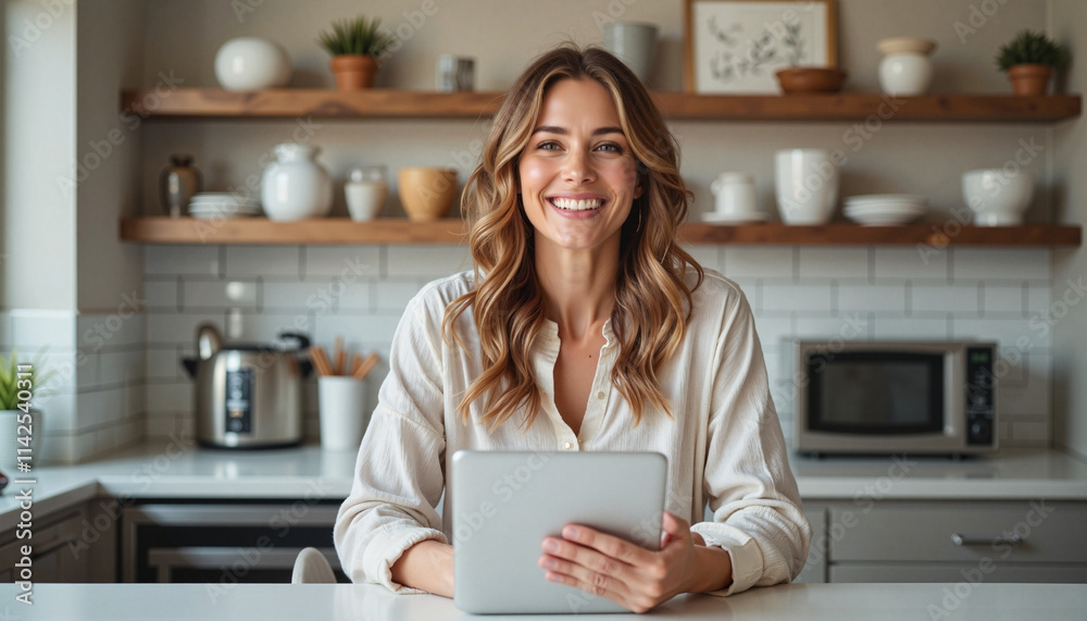Smiling young woman using tablet in modern kitchen with stylish decor Smiling young woman using tablet in modern kitchen with stylish decor