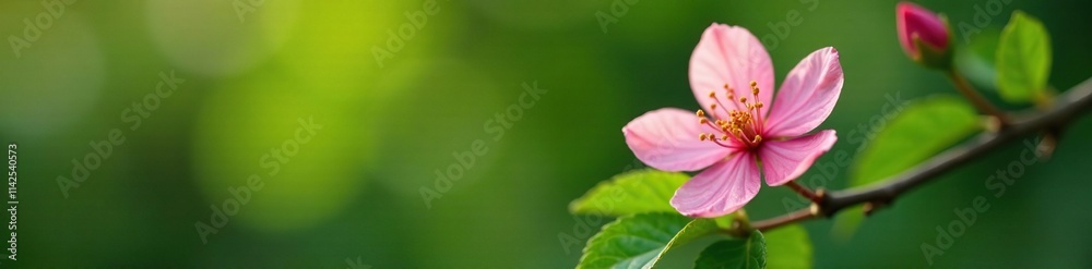 A single pink flower blooming on a branch with green leaves, leafy branches, gardening A single pink flower blooming on a branch with green leaves, leafy branches, gardening