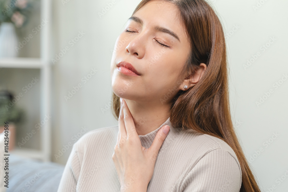 Female unhealthy Sickness, asian young woman, girl unwell and coughing, have cold, sore throat isolated white background suffering with symptom cough feeling bad. Healthcare of Coronavirus, covid-19. Female unhealthy Sickness, asian young woman, girl unwell and coughing, have cold, sore throat isolated white background suffering with symptom cough feeling bad. Healthcare of Coronavirus, covid-19.