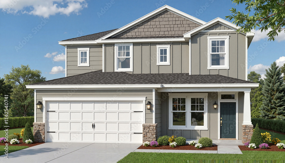 Modern family home with garage and landscaped front yard in sunny neighborhood setting Modern family home with garage and landscaped front yard in sunny neighborhood setting