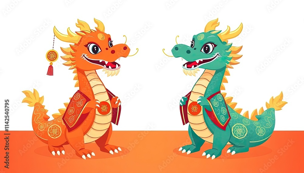 Obraz premium Dragon Celebrates Chinese New Year - New Year Card with Dragon - Chinese Dragon On The Wall - Dragon in Cheongsam