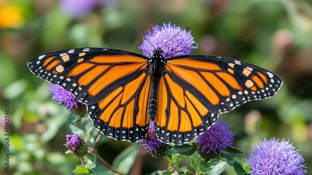 Fototapeta premium Monarch butterfly with open wings on purple flower.