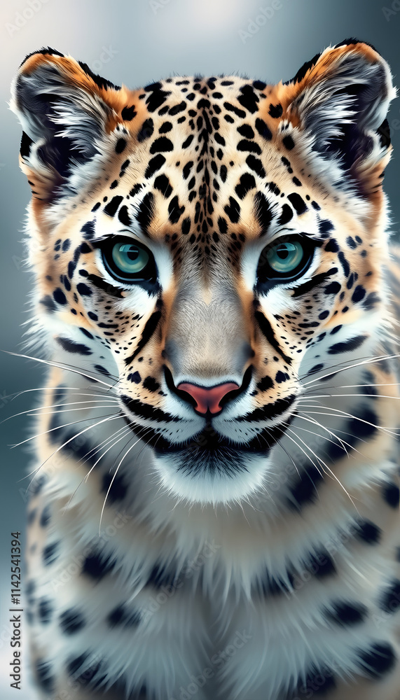 Fototapeta premium Young Snow leopard portrait, pop-art. isolated with white highlights