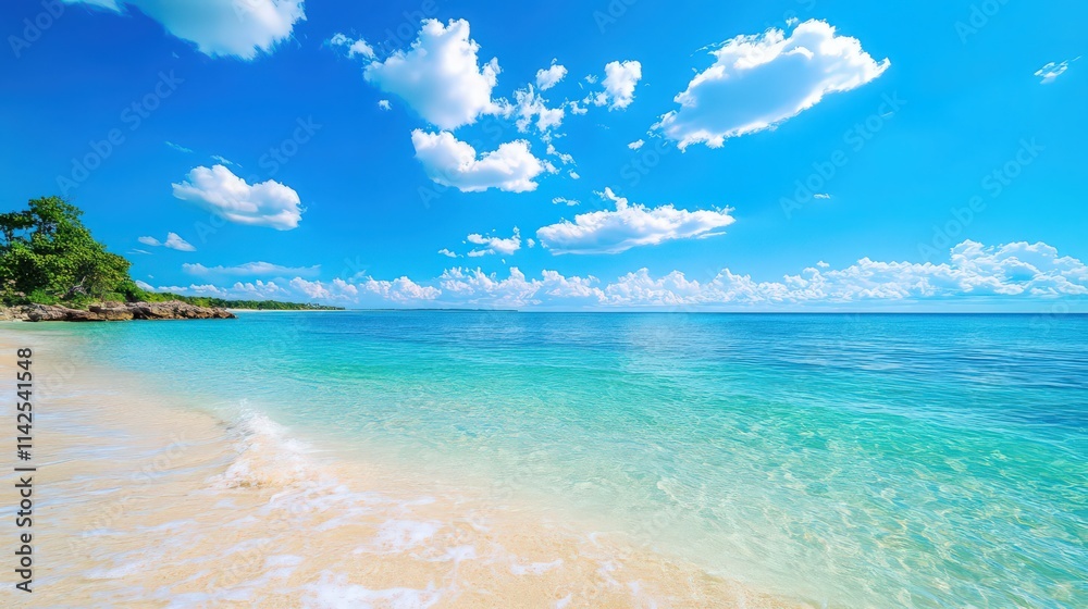 A beautiful beach with a clear blue ocean and a few clouds in the sky A beautiful beach with a clear blue ocean and a few clouds in the sky