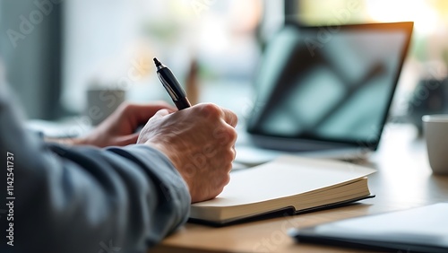 Close up of woman hand with a pen writing on notebook with laptop computer on office table. Business woman planning, making a note reminder. Student studying online, e-learning