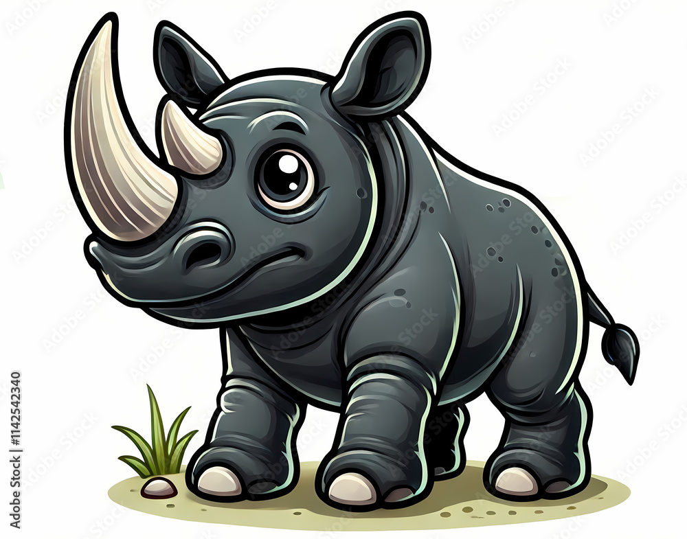 Fototapeta premium Adorable cartoon black rhinoceros with big eyes, standing on grass, showcasing a friendly expression.