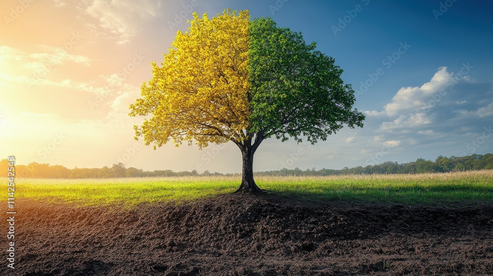 Obraz premium A stunning tree divided in colors, half yellow and half green, against a vibrant sky.