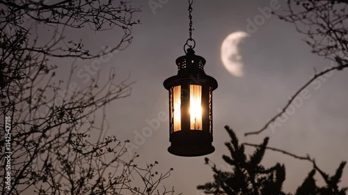 Lantern lights are hung on tree branches at night