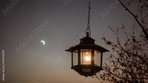 Lantern lights are hung on tree branches at night