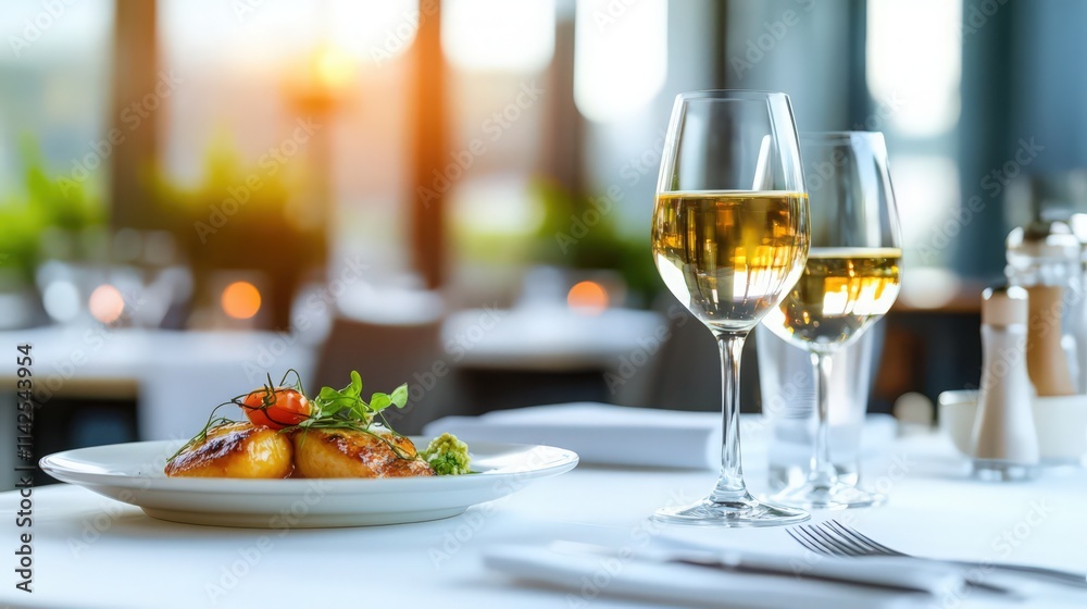 A table with a plate of food and two wine glasses A table with a plate of food and two wine glasses