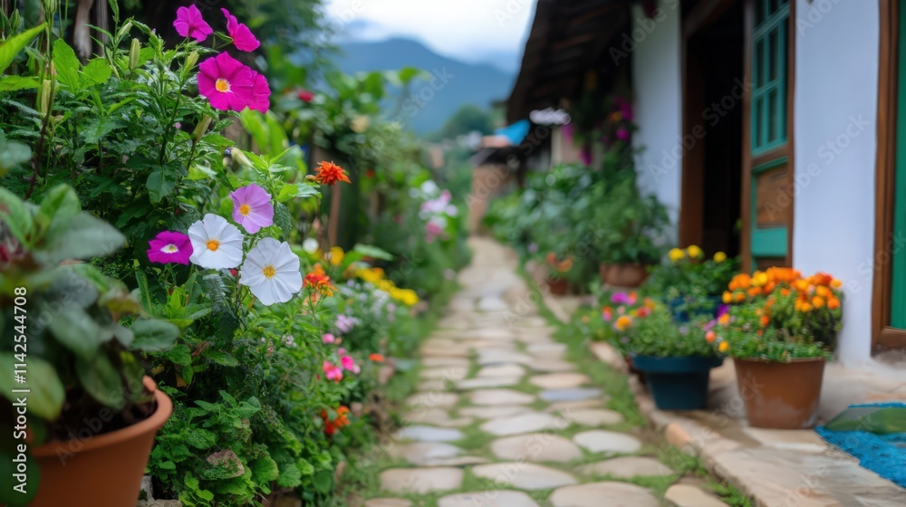 A path lined with colorful flowers and potted plants leads to a house A path lined with colorful flowers and potted plants leads to a house