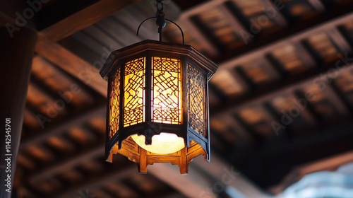 Lanterns Hanging from a Brown Wooden Ceilin photo