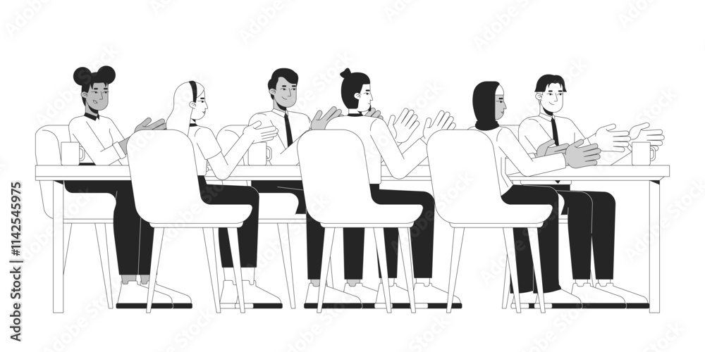 Multicultural colleagues clapping applauding at table black and white 2D line characters. Teamwork meeting. Applause business adults isolated vector outline people. Monochromatic spot illustration Multicultural colleagues clapping applauding at table black and white 2D line characters. Teamwork meeting. Applause business adults isolated vector outline people. Monochromatic spot illustration