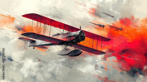 Vintage Bi-Plane Flying Amidst Dramatic Clouds and Explosions in the Sky Depicts Historical Aviation and Aerial Combat Scenes photo