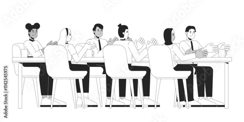 Multicultural colleagues clapping applauding at table black and white 2D line characters. Teamwork meeting. Applause business adults isolated vector outline people. Monochromatic spot illustration