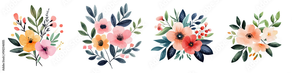 Fototapeta premium Valentine's Day Galentine gifts. Colorful floral arrangements with leaves on a black background, showcasing various blooms and styles.