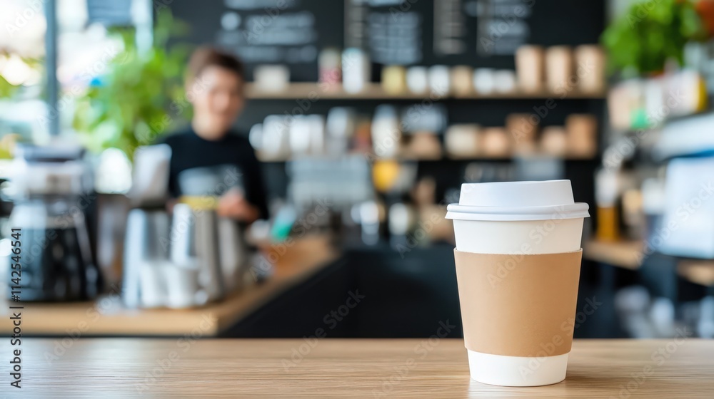 A coffee cup with a brown sleeve sits on a wooden table in a coffee shop A coffee cup with a brown sleeve sits on a wooden table in a coffee shop