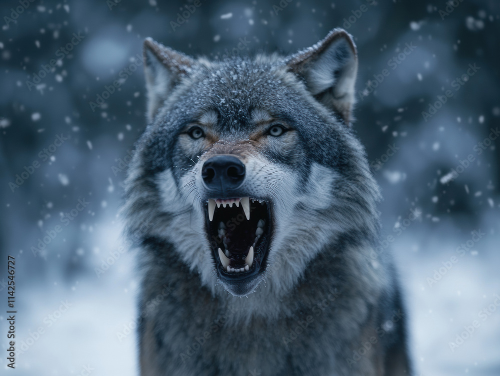 Fierce wolf showing teeth in snowy landscape, capturing wild beauty Fierce wolf showing teeth in snowy landscape, capturing wild beauty