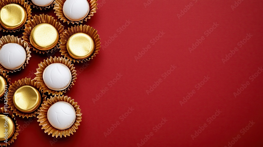 Elegant arrangement of white and gold candies on red background Elegant arrangement of white and gold candies on red background