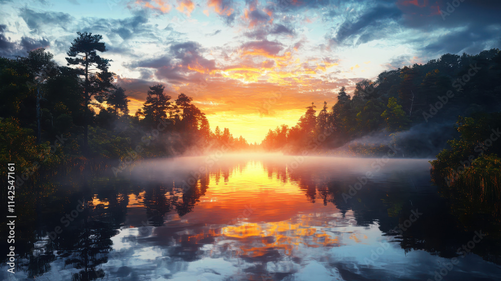 Obraz premium Serene sunrise over foggy river nature landscape scene reflective water tranquil environment artistic viewpoint