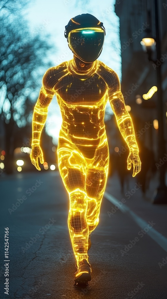 A striking figure strides confidently down an urban street at twilight, glowing with radiant yellow lines, showcasing a blend of technology and artistry A striking figure strides confidently down an urban street at twilight, glowing with radiant yellow lines, showcasing a blend of technology and artistry