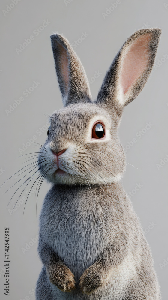 Fototapeta premium Cute gray bunny standing up, ideal for easter-themed projects and designs showcasing rabbits, nature, and animals