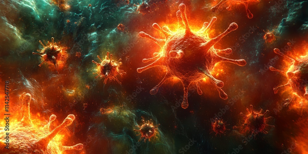 Fototapeta premium Microscopic organisms shimmer and pulse within a surreal, colorful cosmos, evoking wonder