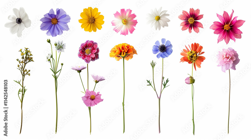 collection of flowers on an isolated white background, object focused, png, stock image, hd quality
