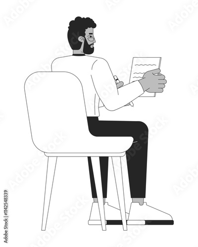 Sitting chair african american businessman writing notes black and white 2D line character. Black male office worker paperwork signing isolated vector outline person. Monochromatic spot illustration