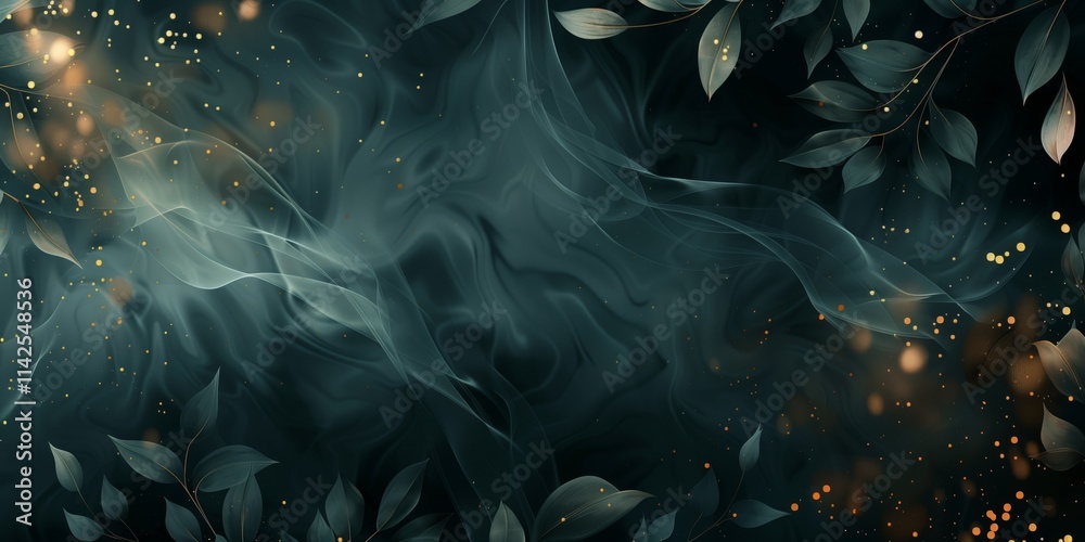 Fototapeta premium Abstract background with leaves and dark background with golden dots, smooth background.