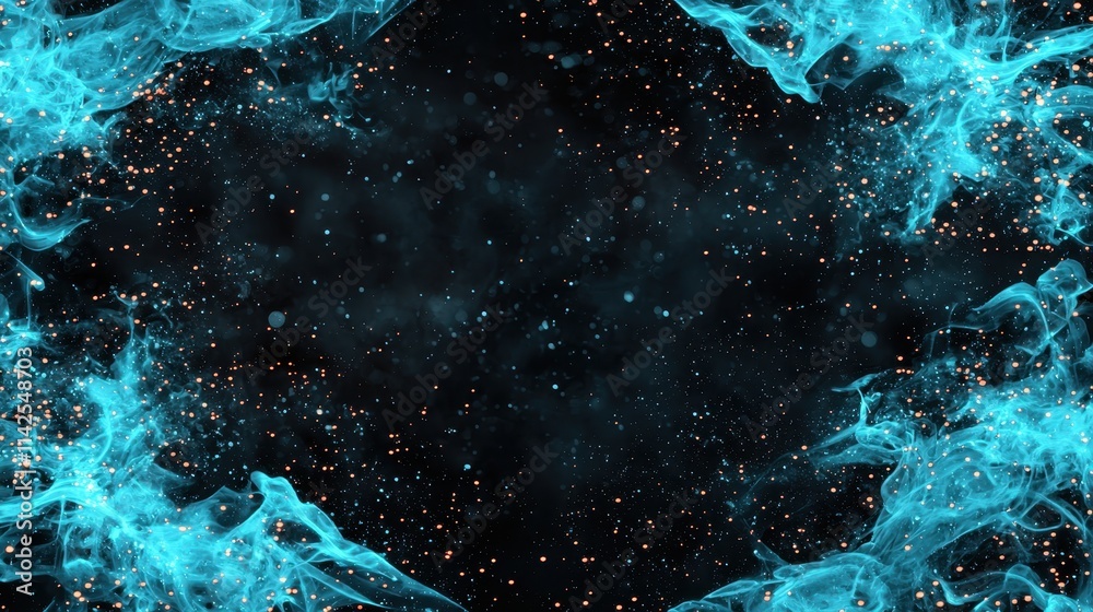 Fototapeta premium Vibrant Blue Smoke Frame with Sparkles on Dark Background