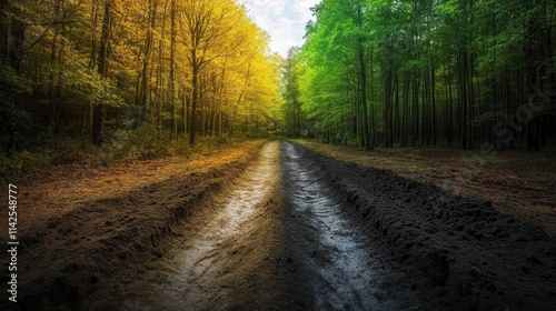 A forest path with vibrant autumn foliage on one side and lush green trees on the other.