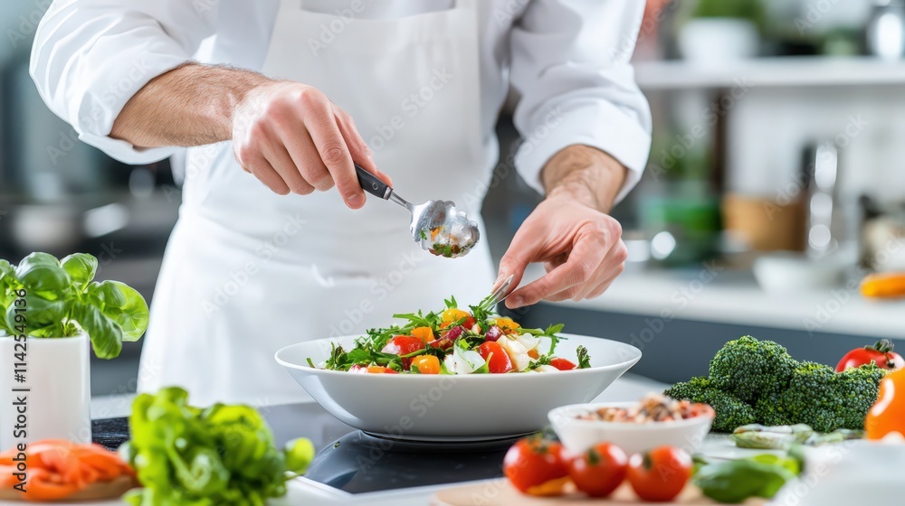 A chef is preparing a salad with a variety of vegetables, including broccoli A chef is preparing a salad with a variety of vegetables, including broccoli