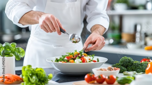 A chef is preparing a salad with a variety of vegetables, including broccoli